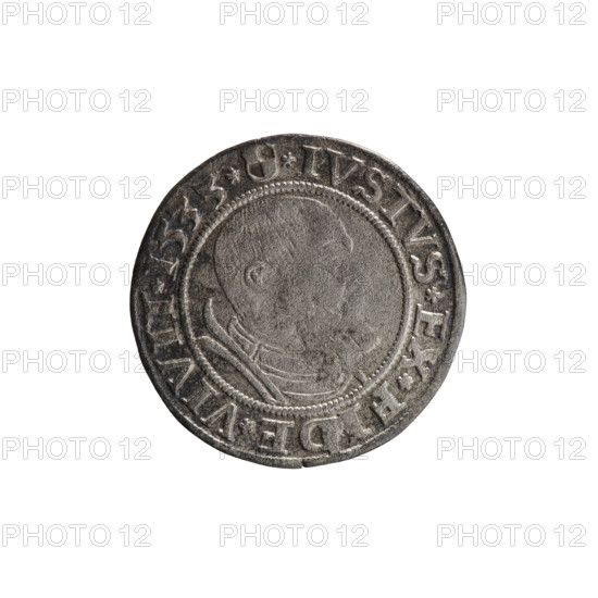 grosz; Straub (Strawb), Heinrich, publisher; Wille, Albrecht (fl. 1520-?), publisher; Decius, Jost Ludwik (fl. 1528-1535); eagles; Albrecht Hohenzollern (Prince of Prussia; 1490-1568) - iconography; Hohenzollern (coat of arms); male busts in armour; Prussian eagle. Obverse: In the rim, between the pearl borders, an inscription beginning with a rosette ALBER*D*G*MAR*BRAN*DVX*PRVSS. Reverse: Male bust in armor in profile turned to the right, short hair, beard with sideburns. In the rim, between the pearl borders, an inscription beginning with the Hohenzollern coat of arms shield *IVSTVS*EX*FIDE*VIVIT*I533*. 1533. Ducal Prussia (1525-1701). Königsberg. Coin; diameter 23.0 mm; weight 1.85 g; axis 230 degrees.