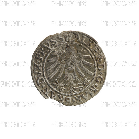 grosz; Straub (Strawb), Heinrich, publisher; Wille, Albrecht (fl. 1520-?), publisher; Decjusz, Jost Ludwik (fl. 1528-1535); eagles; Albrecht Hohenzollern (Prince of Prussia; 1490–1568) — iconography; male busts in armour; Hohenzollern coat of arms; Prussian Eagle with on its chest a crowned letter S. Along the rim, between pearly borders, the inscription ALBER*D*G*MAR*BRAN*DVX*PRVSS. Reverse: male bust in armour, profile to the right, short hair, beard with sideburns. Along the rim, between pearly borders, an inscription beginning with the Hohenzollern coat of arms *IVSTVS*EX, DE*VIVIT*I533*. 1533. Ducal Prussia (1525–1701), Königsberg. Coin: diameter 22.8 mm, weight 1.59 g, axis 225°.