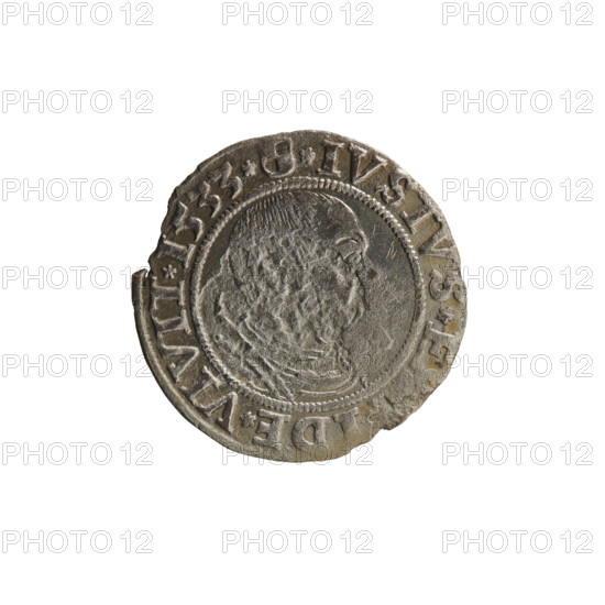 grosz; Straub (Strawb), Heinrich, publisher; Wille, Albrecht (fl. 1520-?), publisher; Decjusz, Jost Ludwik (fl. 1528-1535); eagles; Albrecht Hohenzollern (Prince of Prussia; 1490-1568) — iconography; male busts in armour; Hohenzollern (coat of arms); Prussian Eagle with on its chest a crowned letter S. Along the rim, between pearly borders, the inscription: ALBER*D*G*MAR*BRAN*DVX*PRVSS. Reverse: male bust in armor, profile turned to the right, short hair, beard with sideburns. Along the rim, between pearly borders, an inscription beginning with the Hohenzollern coat of arms *IVSTVS*EX, DE*VIVIT*I533*. Date: 1533. Place: Ducal Prussia (1525–1701), Königsberg. Object: coin (grosz). Diameter: 22.8 mm. Weight: 1.59 g. Axis: 225°.