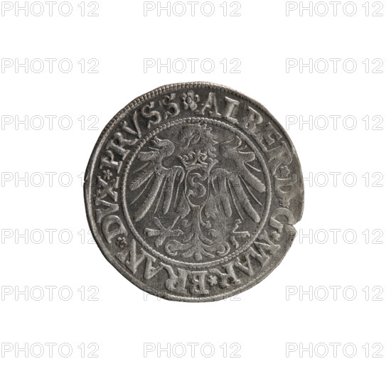 grosz; Straub (Strawb), Heinrich, publisher; Wille, Albrecht (fl. 1520-?), publisher; Decjusz, Jost Ludwik (fl. 1528-1535); Albrecht Hohenzollern (Prince of Prussia; 1490–1568) — iconography: eagles, Hohenzollern coat of arms, male busts in armour. Obverse: Prussian Eagle, on its breast a crowned letter S; along the rim, between pearly borders, an inscription beginning with a rosette ALBER*D*G*MAR*BRAN*DVX*PRVSS. Reverse: male bust in armor, profile to the right, short hair, beard with sideburns; along the rim, between pearly borders, an inscription beginning with the Hohenzollern coat of arms *IVSTVS*EX*FIDE*VIVIT*I533*. Date: 1533. Place: Ducal Prussia (1525–1701), Königsberg. Medium: coin. Diameter 23.3 mm; weight 1.87 g; axis 180°.