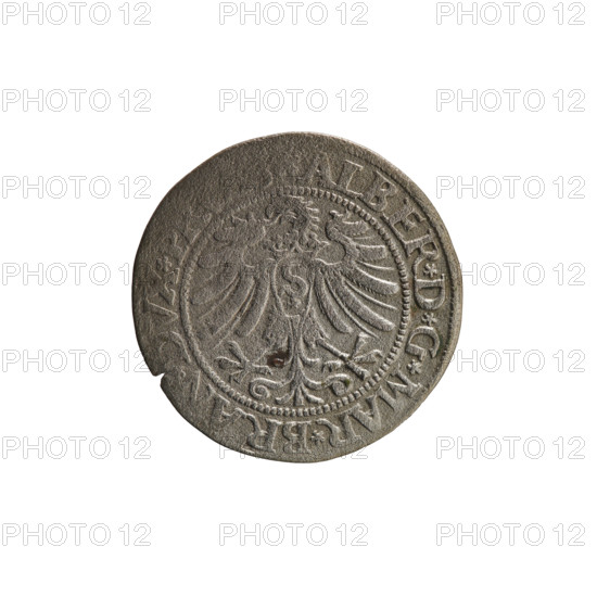 grosz; Straub (Strawb), Heinrich, publisher; Wille, Albrecht (fl. 1520-?), publisher; Decjusz, Jost Ludwik (fl. 1528-1535); eagles; Albrecht Hohenzollern (Prince of Prussia; 1490–1568) — iconography; male busts in armour; Hohenzollern (coat of arms); Prussian Eagle with on its breast a crowned letter S. Along the rim, between the pearly borders, an inscription beginning with a rosette ALBER*D*G*MAR*BRAN*DVX*PR. Reverse: male bust in armor, profile turned to the right, short hair, beard with sideburns. Along the rim, between the pearly borders, an inscription beginning with the Hohenzollern coat of arms shield *IVSTV, IDE*VIVIT*I533*. Date: 1533. Place: Ducal Prussia (1525–1701), Königsberg. Coin: diameter 22.9 mm, weight 1.73 g, axis 270°.