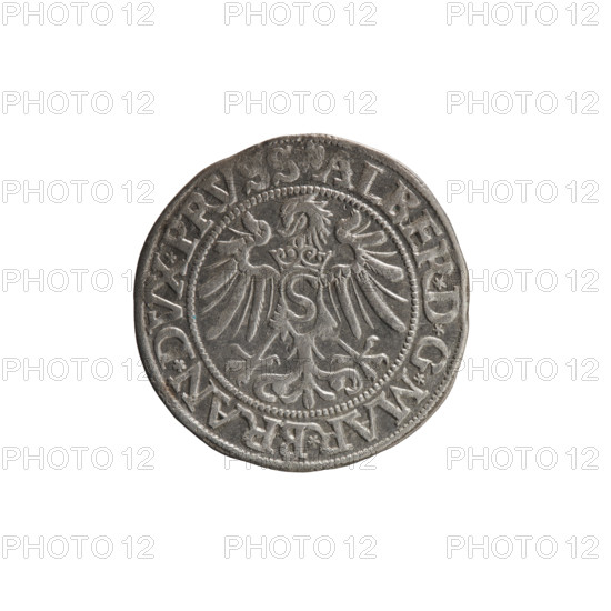 grosz, Decius, Jost Ludwik (fl. 1528-1535), Wille, Albrecht (fl. 1520-?), publisher, Straub (Strawb), Heinrich, publisher, eagles, Albrecht Hohenzollern (Prince of Prussia; 1490-1568) - iconography, Hohenzollern (coat of arms), male busts in armour, Aw. Prussian Eagle, on its breast a crowned letter S. Along the rim, between the pearly borders, an inscription beginning with a rosette ALBER*D*G*MAR*BRAN*DVX*PRVSS. Rw. Male bust in armor, profile turned to the right, short hair, beard with sideburns. Along the rim, between the pearly borders, an inscription beginning with the Hohenzollern coat of arms shield *IVSTVS*EX*FIDE*VIVIT*I534*, 1534, Ducal Prussia (1525-1701), Königsberg, coin, coin: diameter 23.0 mm, weight 1.76 g, axis 135 degrees.