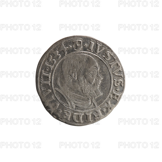 grosz, Decius, Jost Ludwik (fl. 1528-1535), Wille, Albrecht (fl. 1520-?), publisher, Straub (Strawb), Heinrich, publisher. Obverse: male bust in armour, profile turned to the right, short hair, beard with sideburns; Aw. Prussian Eagle, on its breast a crowned letter S; along the rim, between the pearly borders, an inscription beginning with a rosette ALBER*D*G*MAR*BRAN*DVX*PRVSS. Reverse: Hohenzollern coat of arms shield; inscription beginning with *IVSTVS*EX*FIDE*VIVIT*I534*. 1534, Ducal Prussia (1525–1701), Königsberg. Coin: grosz; diameter 23.0 mm; weight 1.76 g; axis 135 degrees.