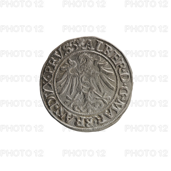 Decius Grosz; Jost Ludwik (fl. 1528–1535); Albrecht Wille (fl. 1520–?), publisher; Heinrich Straub (Strawb), publisher. Coin, Ducal Prussia (1525–1701), Königsberg, 1534. Obverse: Prussian eagle (Aw. Prussian Eagle) with on its breast a crowned letter S; along rim between pearly borders an inscription beginning with a rosette: ALBER*D*G*MAR*BRAN*DVX*PRVSS. Reverse: male bust in armor, profile turned right, short hair, beard with sideburns; along rim between pearly borders an inscription beginning with the Hohenzollern coat of arms shield: *IVSTVS*EX*FIDE*VIVIT*I534*. Diameter 23.2 mm; weight 1.83 g; axis 200°. Iconography: Albrecht Hohenzollern (Prince of Prussia; 1490–1568) — Hohenzollern coat of arms; eagles; male busts in armour.