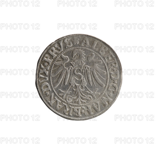 grosz, Wille, Albrecht (fl. 1520-?), publisher; Straub (Strawb), Heinrich, publisher; Decjusz, Jost Ludwik (fl. 1528-1535). Albrecht Hohenzollern (Prince of Prussia; 1490–1568) — iconography: Hohenzollern coat of arms, male busts in armour, eagles, Prussian Eagle with a crowned letter S on its breast. Obverse: male bust in armor, profile turned to the right, short hair, beard with sideburns; along the rim, between pearly borders, an inscription beginning with a rosette ALBER*D*G*MAR*BRAN*DVX*PRVS. Reverse: Hohenzollern coat of arms and inscription *IVST, S*EX*FIDE*VIVIT*I534*. Date: 1534. Region: Ducal Prussia (1525–1701), Königsberg. Coin: diameter 23.0 mm, weight 2.01 g, axis 315°.