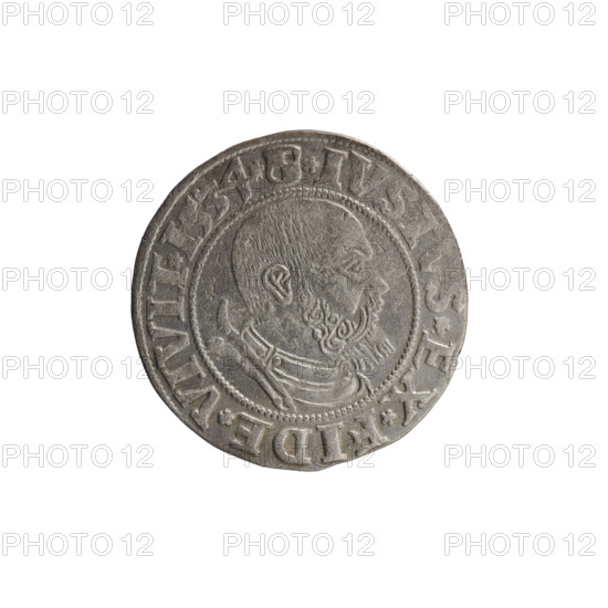 grosz, Wille, Albrecht (fl. 1520-?), publisher; Straub (Strawb), Heinrich, publisher; Decjusz, Jost Ludwik (fl. 1528-1535); Albrecht Hohenzollern (Prince of Prussia; 1490-1568) — iconography: Hohenzollern coat of arms, male busts in armour, eagles; obverse: Prussian Eagle with on its breast a crowned letter S; along the rim between pearly borders an inscription beginning with a rosette ALBER*D*G*MAR*BRAN*DVX*PRVS; reverse: male bust in armor, profile turned to the right, short hair, beard with sideburns; along the rim between pearly borders an inscription beginning with the Hohenzollern coat of arms *IVST, S*EX*FIDE*VIVIT*I534*; date 1534; Duchy of Prussia (1525–1701), Königsberg; coin: diameter 23.0 mm, weight 2.01 g, axis 315°