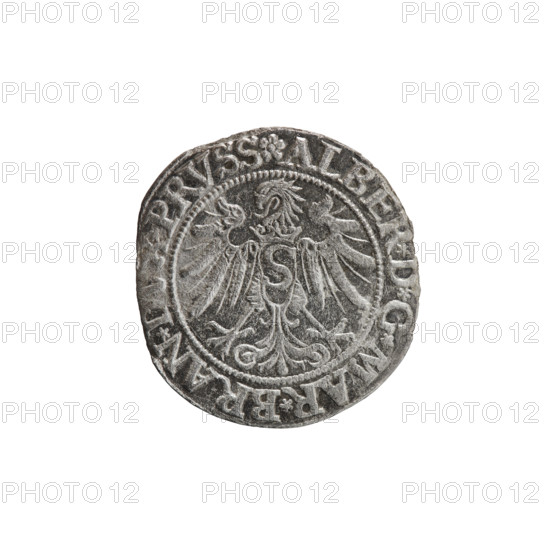 Albrecht Hohenzollern (Prince of Prussia; 1490–1568) — male bust in armour, profile to the right, short hair, beard with sideburns; eagles, Prussian eagle with on its breast a crowned letter S; Hohenzollern coat of arms. Along the rim, between pearly borders, inscriptions: beginning with a rosette ALBER*D*G*MAR*BRAN* PRVSS Rw., and *IVSTVS*EX*FIDE*VIVIT*I534*. 1534, Ducal Prussia (1525–1701), Königsberg. Coin; diameter 22.7 mm, weight 1.56 g, axis 300°. Publishers: Grosz, Wille, Albrecht (fl. 1520–?); Straub (Strawb), Heinrich; Decjusz, Jost Ludwik (fl. 1528–1535).
