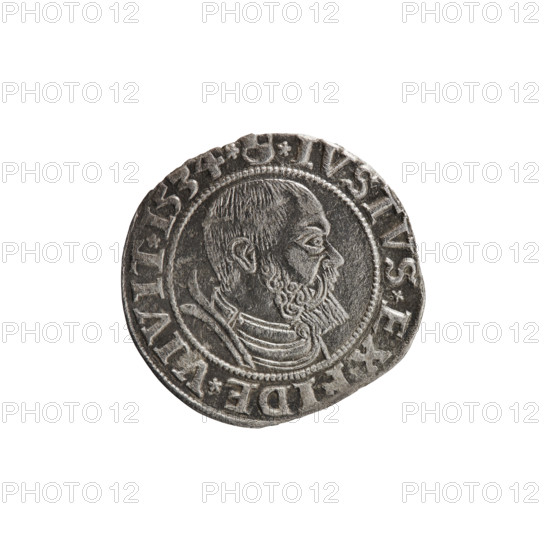 grosz; Wille, Albrecht (fl. 1520-?), publisher; Straub (Strawb), Heinrich, publisher; Decjusz, Jost Ludwik (fl. 1528-1535); Albrecht Hohenzollern (Prince of Prussia; 1490-1568) — iconography: Hohenzollern coat of arms; male busts in armour; eagles; Prussian Eagle with crowned letter S on its breast. Obverse: male bust in armor, profile turned to the right, short hair, beard with sideburns; along the rim between pearly borders an inscription beginning with a rosette ALBER*D*G*MAR*BRAN*. Reverse: Hohenzollern coat of arms; inscription *IVSTVS*EX*FIDE*VIVIT*I534*; date 1534. Ducal Prussia (1525–1701), Königsberg. Coin: diameter 22.7 mm, weight 1.56 g, axis 300°.