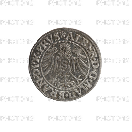 grosz, Straub (Strawb), Heinrich, publisher, Wille, Albrecht (fl. 1520-?), publisher, Decjusz, Jost Ludwik (fl. 1528-1535), eagles, Albrecht Hohenzollern (Prince of Prussia; 1490-1568) - iconography, male busts in armour, Hohenzollern (coat of arms), Aw. Prussian Eagle, on its breast a crowned letter S. Along the rim, between the pearly borders, an inscription beginning with a rosette ALBER*D*G*MAR*BRAN*DVX*PRVS. Rw. Male bust in armor, profile turned to the right, short hair, beard with sideburns. Along the rim, between the pearly borders, an inscription beginning with the Hohenzollern coat of arms shield *IVSTVS*EX*FIDE*VIVIT*I534*. 1534, Ducal Prussia (1525-1701), Königsberg, coin: diameter 23.2 mm, weight 1.86 g, axis 315 degrees.
