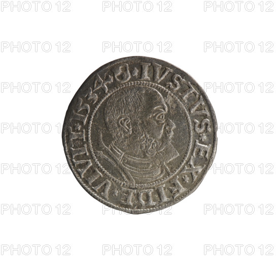 grosz, Straub (Strawb), Heinrich, publisher; Wille, Albrecht (fl. 1520-?), publisher; Decjusz, Jost Ludwik (fl. 1528-1535); Albrecht Hohenzollern (Prince of Prussia; 1490-1568) — iconography: male busts in armour, Hohenzollern coat of arms, Prussian eagle with on its breast a crowned letter S. Obverse: Along the rim, between pearly borders, an inscription beginning with a rosette ALBER*D*G*MAR*BRAN*DVX*PRVS. Reverse: Male bust in armor, profile turned right, short hair, beard with sideburns; along the rim, between pearly borders, an inscription beginning with the Hohenzollern coat of arms shield *IVSTVS*EX*FIDE*VIVIT*I534*. Date: 1534. Place: Ducal Prussia (1525–1701), Königsberg. Object: coin (diameter 23.2 mm; weight 1.86 g; axis 315°).