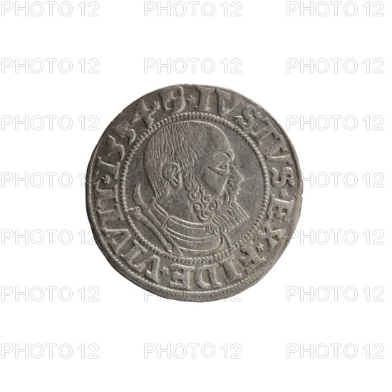 grosz, Wille, Albrecht (fl. 1520-?), publisher; Straub (Strawb), Heinrich, publisher; Decjusz, Jost Ludwik (fl. 1528-1535). Subject: Albrecht Hohenzollern (Prince of Prussia; 1490–1568). Iconography: eagles, Hohenzollern coat of arms, male bust in armour. Obverse: Prussian eagle with on its breast a crowned letter S; along the rim between pearly borders an inscription beginning with a rosette ALBER*D*G*MAR*BRAN*DVX*PRVS. Reverse: male bust in armor, profile turned to the right, short hair, beard with sideburns; along the rim between pearly borders an inscription beginning with the Hohenzollern coat of arms shield *IVSTVS*EX*FIDE*VIVIT*I534*. Date: 1534. Place: Ducal Prussia (1525–1701), Königsberg. Object: coin; diameter 23.0 mm; weight 1.97 g; axis 60 degrees.