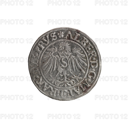 grosz; Straub (Strawb), Heinrich, publisher; Wille, Albrecht (fl. 1520-?); Decius, Jost Ludwik (fl. 1528-1535), publisher. Obverse: Prussian eagle, on its breast a crowned letter S; along the rim between pearly borders an inscription beginning with a rosette ALBER*D*G*MAR*BRAN*DVX*PRVS. Reverse: male bust in armour, profile to the right, short hair, beard with sideburns; along the rim between pearly borders an inscription beginning with the Hohenzollern coat of arms *IVSTVS*EX*FIDE*VIVIT*I534*. 1534; Ducal Prussia (1525–1701), Königsberg. Coin: diameter 23.5 mm, weight 1.96 g, axis 90°.