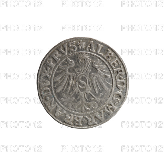 grosz; Straub (Strawb), Heinrich, publisher; Wille, Albrecht (fl. 1520-?), publisher; Decjusz, Jost Ludwik (fl. 1528-1535); eagles; Albrecht Hohenzollern (Prince of Prussia; 1490-1568) — iconography; Hohenzollern (coat of arms); male busts in armour; Aw. Prussian Eagle, on its breast a crowned letter S. Along the rim, between the pearly borders, an inscription beginning with a rosette ALBER*D*G*MAR*BRAN*DVX*PRVS. Rw. Male bust in armor, profile turned to the right, short hair, beard with sideburns. Along the rim, between the pearly borders, an inscription beginning with the Hohenzollern coat of arms *IVSTVS*EX*FIDE*VIVIT*I534*. 1534. Ducal Prussia (1525–1701), Königsberg. Coin: diameter 22.8 mm, weight 1.79 g, axis 225°.