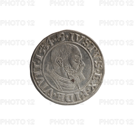 grosz; Straub (Strawb), Heinrich, publisher; Wille, Albrecht (fl. 1520-?), publisher; Decjusz, Jost Ludwik (fl. 1528-1535); eagles; Albrecht Hohenzollern (Prince of Prussia; 1490-1568) - iconography; Hohenzollern (coat of arms); male busts in armour; Aw. Prussian Eagle, on its breast a crowned letter S. Along the rim, between the pearly borders, an inscription beginning with a rosette ALBER*D*G*MAR*BRAN*DVX*PRVS. Rw. Male bust in armor, profile turned to the right, short hair, beard with sideburns. Along the rim, between the pearly borders, an inscription beginning with the Hohenzollern coat of arms *IVSTVS*EX*FIDE*VIVIT*I534*. 1534. Ducal Prussia (1525-1701), Königsberg. Coin: diameter 22.8 mm, weight 1.79 g, axis 225°.