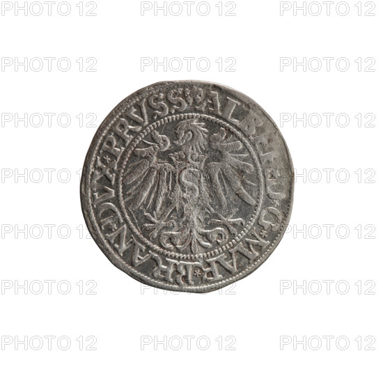 grosz, Straub (Strawb), Heinrich, publisher, Wille, Albrecht (fl. 1520-?), publisher, Decjusz, Jost Ludwik (fl. 1528-1535), Albrecht Hohenzollern (Prince of Prussia; 1490-1568) - iconography, eagles, Hohenzollern (coat of arms), male busts in armour, Aw. Prussian Eagle, on its breast a crowned letter S. Along the rim, between the pearly borders, an inscription beginning with a rosette ALB, *D*G*MAR*BRAN*DVX*PRVSS Rw. Male bust in armor, profile turned to the right, short hair, beard with sideburns. Along the rim, between the pearly borders, an inscription beginning with the Hohenzollern coat of arms *IVSTVS*EX*FIDE*VIVIT*I534*, 1534, Ducal Prussia (1525-1701), Königsberg, coin, diameter 23.1 mm, weight 1.86 g, axis 100 degrees.