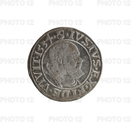 grosz; Straub (Strawb), Heinrich, publisher; Wille, Albrecht (fl. 1520-?), publisher; Decjusz, Jost Ludwik (fl. 1528-1535); Albrecht Hohenzollern (Prince of Prussia; 1490-1568) — iconography: eagles, Hohenzollern coat of arms, male busts in armour. Obverse: Prussian eagle, on its breast a crowned letter S; along the rim between pearly borders an inscription beginning with a rosette ALB *D*G*MAR*BRAN*DVX*PRVSS. Reverse: male bust in armor, profile turned right, short hair, beard with sideburns; along the rim between pearly borders an inscription beginning with the Hohenzollern coat of arms *IVSTVS*EX*FIDE*VIVIT* I534*. Date: 1534. Place: Ducal Prussia (1525–1701), Königsberg. Coin: diameter 23.1 mm, weight 1.86 g, axis 100°.