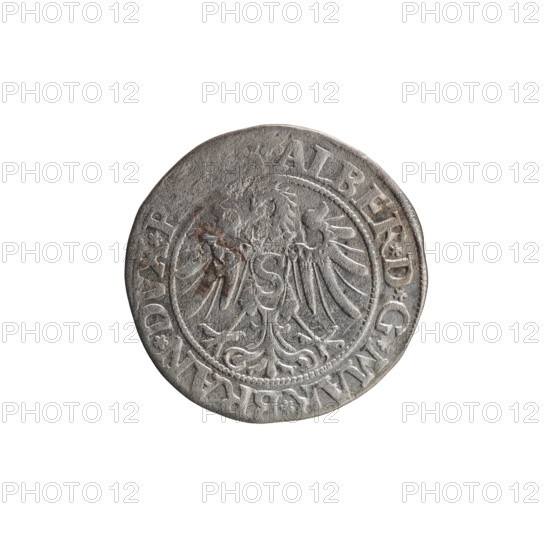 grosz, Wille, Albrecht (fl. 1520-?), publisher; Straub (Strawb), Heinrich, publisher; Decjusz, Jost Ludwik (fl. 1528-1535); Albrecht Hohenzollern (Prince of Prussia; 1490-1568) — iconography: eagles, Hohenzollern (coat of arms), male busts in armour. Aw. Prussian Eagle, on its breast a crowned letter S. Along the rim, between the pearly borders, an inscription beginning with a rosette ALBER*D*G*MAR*BRAN*DVX*P. Rw. Male bust in armor, profile turned to the right, short hair, beard with sideburns. Along the rim, between the pearly borders, an inscription beginning with the Hohenzollern coat of arms shield *IVSTV, X*FIDE*VIVIT*I534*. 1534. Ducal Prussia (1525–1701), Königsberg. Coin: diameter 22.6 mm, weight 1.80 g, axis 280°.