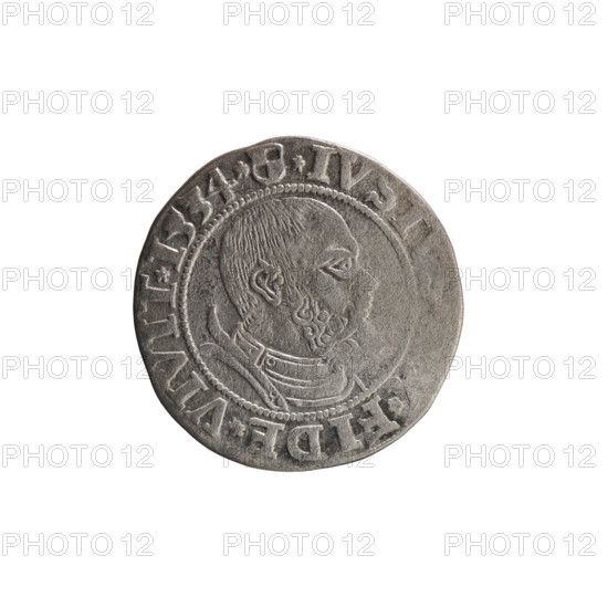 grosz, Wille, Albrecht (fl. 1520-?), publisher; Straub (Strawb), Heinrich, publisher; Decjusz, Jost Ludwik (fl. 1528-1535). Albrecht Hohenzollern (Prince of Prussia; 1490–1568) — iconography: eagles, Hohenzollern coat of arms, male busts in armour. Obverse: Prussian eagle, on its breast a crowned letter S. Along the rim, between pearly borders, an inscription beginning with a rosette ALBER*D*G*MAR*BRAN*DVX*P. Reverse: male bust in armor, profile to the right, short hair, beard with sideburns. Along the rim, between pearly borders, an inscription beginning with the Hohenzollern coat of arms shield *IVSTV, X*FIDE*VIVIT*I534*. Date: 1534. Place/style: Ducal Prussia (1525–1701), Königsberg. Object: coin; diameter 22.6 mm; weight 1.80 g; axis 280°.