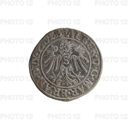 Publisher: Grosz, Wille, Albrecht (fl. 1520-?); Straub (Strawb), Heinrich, publisher; Decjusz, Jost Ludwik (fl. 1528-1535). Subject: eagles; Albrecht Hohenzollern (Prince of Prussia; 1490–1568) — iconography; Hohenzollern (coat of arms); male busts in armour. Description: Prussian eagle, on its breast a crowned letter S. Along the rim, between pearly borders, an inscription beginning with a rosette ALBER*D*G*MAR*BRAN*DVX*P. Male bust in armor, profile turned to the right, short hair, beard with sideburns. Along the rim, between pearly borders, an inscription beginning with the Hohenzollern coat of arms shield *IVSTVS*EX*FIDE*VIVIT*I. Date: 1534. Place/authority: Ducal Prussia (1525–1701), Königsberg. Object: coin; diameter 23.4 mm; weight 1.89 g; axis 100 degrees.