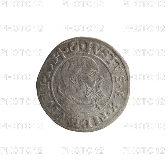 Grosz, Wille, Albrecht (fl. 1520-?), publisher; Straub (Strawb), Heinrich, publisher; Decjusz, Jost Ludwik (fl. 1528-1535). Coin, Ducal Prussia (1525–1701), Königsberg, 1534. Obverse: male bust in armor, profile right, short hair, beard with sideburns; along rim between pearly borders an inscription beginning with a rosette ALBER*D*G*MAR*BRAN*DVX*P. Reverse: Prussian eagle on its breast a crowned letter S; along rim between pearly borders an inscription beginning with the Hohenzollern coat of arms shield *IVSTVS*EX*FIDE*VIVIT*I. Diameter 23.4 mm; weight 1.89 g; axis 100°. Iconography: Albrecht Hohenzollern (Prince of Prussia; 1490–1568) — Hohenzollern coat of arms.