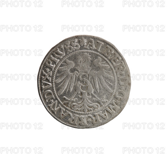 grosz, Wille, Albrecht (fl. 1520-?), publisher; Straub (Strawb), Heinrich, publisher; Decjusz, Jost Ludwik (fl. 1528-1535); Albrecht Hohenzollern (Prince of Prussia; 1490-1568) — iconography: eagles, male busts in armour, Hohenzollern coat of arms, Prussian Eagle with on its breast a crowned letter S. Along the rim, between the pearly borders, an inscription beginning with a rosette ALBER*D*G*MAR*BRAN*DVX*PRVSS. Reverse: male bust in armor, profile turned to the right, short hair, beard with sideburns. Along the rim, between the pearly borders, an inscription beginning with the Hohenzollern coat of arms shield *IVSTVS*EX*FIDE*VIVIT*I534*. Date: 1534. Place/function: Ducal Prussia (1525–1701), Königsberg. Coin: diameter 23.0 mm, weight 1.85 g, axis 45 degrees.