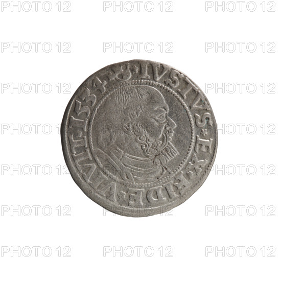 grosz, Wille, Albrecht (fl. 1520-?), publisher; Straub (Strawb), Heinrich, publisher; Decjusz, Jost Ludwik (fl. 1528-1535); eagles; Albrecht Hohenzollern (Prince of Prussia; 1490–1568) — iconography; male busts in armour; Hohenzollern (coat of arms); Prussian eagle with on its breast a crowned letter S. Along the rim, between the pearly borders, an inscription beginning with a rosette ALBER*D*G*MAR*BRAN*DVX*PRVSS. Reverse: male bust in armour, profile turned to the right, short hair, beard with sideburns. Along the rim, between the pearly borders, an inscription beginning with the Hohenzollern coat of arms shield *IVSTVS*EX*FIDE*VIVIT*I534*. 1534, Ducal Prussia (1525–1701), Königsberg. Coin: diameter 23.0 mm, weight 1.85 g, axis 45 degrees.