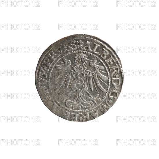grosz, Decius, Jost Ludwik (fl. 1528-1535), Straub (Strawb), Heinrich, publisher, Wille, Albrecht (fl. 1520-?), publisher. Albrecht Hohenzollern (Prince of Prussia; 1490-1568) — iconography: eagles, male busts in armour, Hohenzollern coat of arms, Prussian eagle with on its breast a crowned letter S. Obverse: male bust in armor, profile turned to the right, short hair, beard with sideburns; along the rim, between the pearly borders, an inscription beginning with a rosette ALBER*D*G*MAR*BRAN*DVX*PRVSS. Reverse: Hohenzollern coat of arms; along the rim, between the pearly borders, an inscription beginning with *IVSTVS*EX*FIDE*VIVIT*I534*. Date: 1534. Place: Ducal Prussia (1525–1701), Königsberg. Coin: diameter 22.9 mm, weight 2.11 g, axis 280°.
