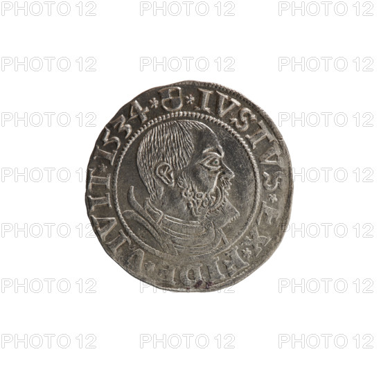 Decius Grosz; Jost Ludwik (fl. 1528–1535); Heinrich Straub, publisher; Albrecht Wille, publisher. Albrecht Hohenzollern (Prince of Prussia; 1490–1568). Iconography: eagles; male busts in armour; Hohenzollern coat of arms; Prussian eagle with a crowned letter S on its breast. Obverse: male bust in armor, profile turned right, short hair, beard with sideburns; along the rim between pearly borders an inscription beginning with a rosette: ALBER*D*G*MAR*BRAN*DVX*PRVSS. Reverse: Hohenzollern coat of arms; inscription beginning with *IVSTVS*EX*FIDE*VIVIT*I534*. 1534. Ducal Prussia (1525–1701), Königsberg. Coin; diameter 22.9 mm; weight 2.11 g; axis 280°.