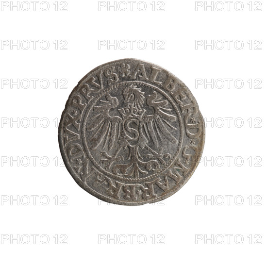 Willem (Wille) Grosz (publisher, fl. 1520-?), Heinrich Straub (publisher), Jost Ludwik Decjusz (fl. 1528-1535). Coin (Ducal Prussia, Königsberg), 1534. AV. Prussian eagle with on its breast a crowned letter S; along the rim between pearly borders an inscription beginning with a rosette: ALBER*D*G*MAR*BRAN*DVX*PRVS. RV. Male bust in armor, profile right, short hair, beard with sideburns; along the rim between pearly borders an inscription beginning with the Hohenzollern coat of arms shield: *IVSTVS*EX*FIDE*VIVIT*I534*. Diameter 22.8 mm, weight 1.68 g, axis 350°. Iconography: Albrecht Hohenzollern (Prince of Prussia; 1490–1568), Hohenzollern coat of arms, eagles.