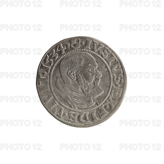 Willem (Wille) Grosz, Albrecht (fl. 1520-?), publisher; Straub (Strawb), Heinrich, publisher; Decjusz, Jost Ludwik (fl. 1528-1535). Coin (Ducal Prussia, 1525–1701), 1534, Königsberg. Obverse: Prussian eagle (Aw. Prussian Eagle) with on its breast a crowned letter S; along the rim between pearly borders an inscription beginning with a rosette ALBER*D*G*MAR*BRAN*DVX*PRVS. Reverse: male bust in armor, profile to right, short hair, beard with sideburns; along the rim between pearly borders an inscription beginning with the Hohenzollern coat of arms *IVSTVS*EX*FIDE*V. Diameter 23.0 mm, weight 1.80 g, axis 170°. Iconography: Albrecht Hohenzollern (Prince of Prussia; 1490–1568), Hohenzollern coat of arms, eagles.