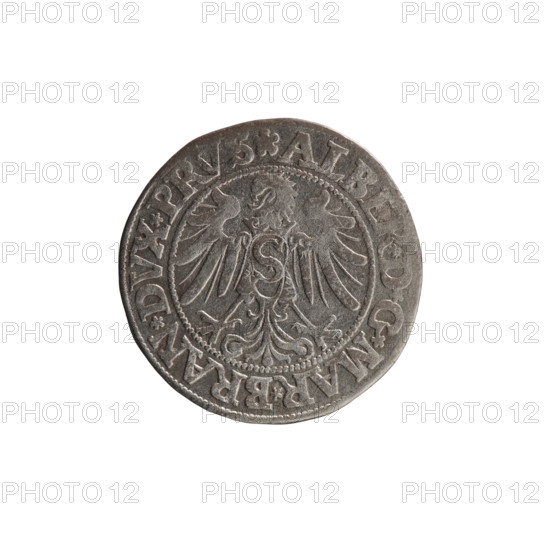 grosz, Straub (Strawb), Heinrich, publisher, Wille, Albrecht (fl. 1520-?), publisher, Decjusz, Jost Ludwik (fl. 1528-1535), Albrecht Hohenzollern (Prince of Prussia; 1490-1568) - iconography, eagles, Hohenzollern (coat of arms), male busts in armour, Aw. Prussian Eagle, on its breast a crowned letter S. Along the rim, between the pearly borders, an inscription beginning with a rosette ALBER*D*G*MAR*BRAN*DVX*PRVS Rw. Male bust in armor, profile turned to the right, short hair, beard with sideburns. Along the rim, between the pearly borders, an inscription beginning with the Hohenzollern coat of arms shield *IVSTVS*EX*FIDE*VIVIT*I534*, 1534, Ducal Prussia (1525-1701), Königsberg, coin, diameter 23.0 mm, weight 1.93 g, axis 0 deg.