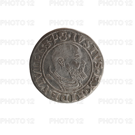grosz; Straub (Strawb), Heinrich, publisher; Wille, Albrecht (fl. 1520-?), publisher; Decjusz, Jost Ludwik (fl. 1528-1535); Albrecht Hohenzollern (Prince of Prussia; 1490-1568) — iconography: eagles, Hohenzollern coat of arms, male busts in armour; obverse: Prussian Eagle with on its breast a crowned letter S; along the rim, between pearly borders, an inscription beginning with a rosette ALBER*D*G*MAR*BRAN*DVX*PRVS; reverse: male bust in armor, profile turned to the right, short hair, beard with sideburns; along the rim, between the pearly borders, an inscription beginning with the Hohenzollern coat of arms shield *IVSTVS*EX*FIDE*VIVIT*I534*; date 1534; Ducal Prussia (1525–1701), Königsberg; coin: diameter 23.0 mm, weight 1.93 g, axis 0°