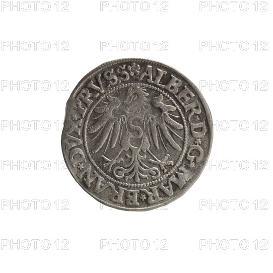 grosz; Straub (Strawb), Heinrich, publisher; Wille, Albrecht (fl. 1520-?), publisher; Decjusz, Jost Ludwik (fl. 1528-1535); Szymonski, Jan (1887-1954). Albrecht Hohenzollern (Prince of Prussia; 1490-1568) — iconography. Hohenzollern coat of arms. Male busts in armour; eagles; Prussian Eagle with crowned letter S on its breast. Obverse: along the rim between pearly borders, an inscription beginning with a rosette ALBER*D*G*MAR*BRAN*DVX*PRVSS. Reverse: male bust in armor, profile turned right, short hair, beard with sideburns; along the rim between pearly borders, inscription beginning with the Hohenzollern coat of arms *IVSTVS*EX*FIDE*VIVIT*I534*. Date: 1534. Place: Ducal Prussia, Königsberg. Object: coin (grosz). Diameter 23.2 mm; weight 1.93 g; axis 220°.
