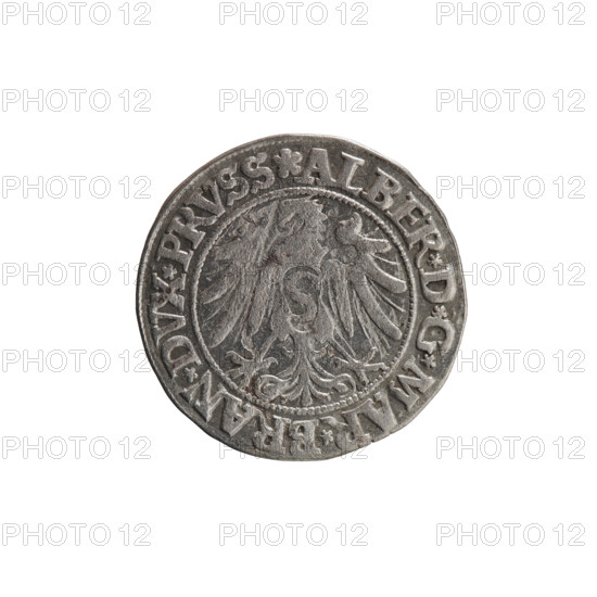 Albrecht Hohenzollern (Prince of Prussia; 1490–1568) — coin, 1534, Ducal Prussia (1525–1701), Königsberg. Obverse: male bust in armor, profile right, short hair, beard with sideburns; along the rim between pearly borders an inscription beginning with a rosette: ALBER*D*G*MAR*BRAN*DVX*PRVSS. Reverse: Prussian Eagle with on its breast a crowned letter S; along the rim between pearly borders an inscription beginning with the Hohenzollern coat of arms: *IVSTVS*EX*FIDE*VIVIT*I534*. Diameter 22.8 mm, weight 1.95 g, axis 220°. Publishers: Grosz, Wille, Albrecht (fl. 1520–?); Decjusz, Jost Ludwik (fl. 1528–1535); Straub (Strawb), Heinrich.