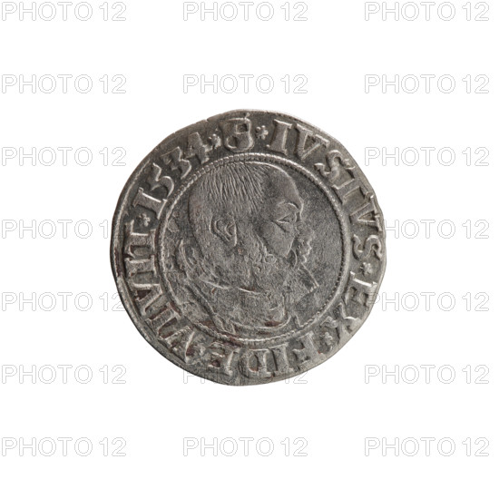 Albrecht Hohenzollern (Prince of Prussia; 1490–1568) — male busts in armour, eagles; obverse: Prussian Eagle with on its breast a crowned letter S; along the rim, between pearly borders, an inscription beginning with a rosette ALBER*D*G*MAR*BRAN*DVX*PRVSS; reverse: male bust in armor, profile right, short hair, beard with sideburns, along the rim between pearly borders an inscription beginning with the Hohenzollern coat of arms *IVSTVS*EX*FIDE*VIVIT*I534*; 1534; Ducal Prussia (1525–1701), Königsberg; coin; diameter 22.8 mm; weight 1.95 g; axis 220 degrees; makers/publishers: grosz, Wille, Albrecht (fl. 1520-?); Decjusz, Jost Ludwik (fl. 1528-1535); Straub (Strawb), Heinrich.