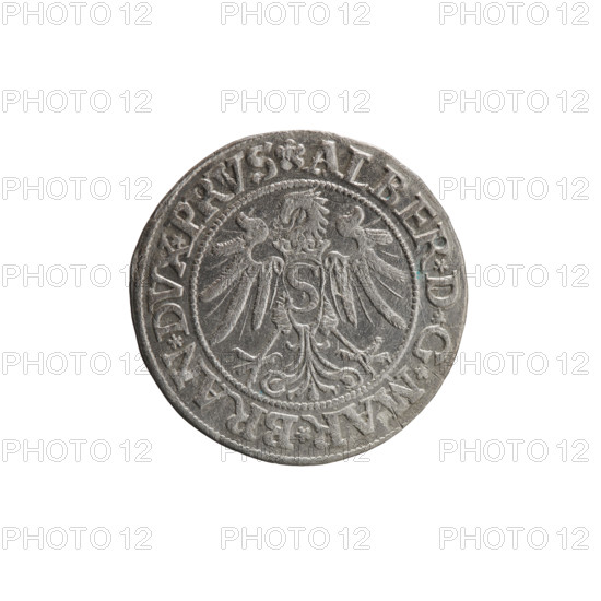Albrecht Hohenzollern (Prince of Prussia; 1490–1568) — coin, 1534. Obverse: Prussian eagle, on its breast a crowned letter S; along the rim between pearly borders an inscription beginning with a rosette ALBER*D*G*MAR*BRAN*DVX*PRVS. Reverse: male bust in armour, profile turned right, short hair, beard with sideburns; along the rim between pearly borders an inscription beginning with the Hohenzollern coat of arms shield *IVSTVS*EX*FIDE*VIVIT*I534*. Maker/publishers: Albrecht Grosz (fl. 1520?), Straub (Strawb) Heinrich, and Jost Ludwik Decjusz (fl. 1528–1535). Ducal Prussia (1525–1701), Königsberg. Coin: diameter 23.0 mm, weight 1.86 g, axis 135°.