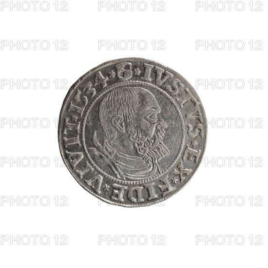 grosz, Wille, Albrecht (fl. 1520-?), publisher; Straub (Strawb), Heinrich, publisher; Decjusz, Jost Ludwik (fl. 1528-1535). Obverse: eagles; Albrecht Hohenzollern (Prince of Prussia; 1490–1568) — iconography; Hohenzollern coat of arms; male bust in armour; Prussian Eagle with on its breast a crowned letter S. Along the rim, between pearly borders, an inscription beginning with a rosette: ALBER*D*G*MAR*BRAN*DVX*PRVS. Reverse: male bust in armor, profile turned to the right, short hair, beard with sideburns. Along the rim, between pearly borders, an inscription beginning with the Hohenzollern coat of arms shield: *IVSTVS*EX*FIDE*VIVIT*I534*. Date: 1534. Place: Ducal Prussia (1525–1701), Königsberg. Object: coin, diameter 23.0 mm, weight 1.86 g, axis 135 degrees.