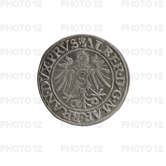 grosz; Wille, Albrecht (fl. 1520-?), publisher; Straub (Strawb), Heinrich, publisher; Decjusz, Jost Ludwik (fl. 1528-1535); eagles; Albrecht Hohenzollern (Prince of Prussia; 1490-1568) - iconography; Hohenzollern (coat of arms); male busts in armour; Aw. Prussian Eagle, on its breast a crowned letter S. Along the rim, between the pearly borders, an inscription beginning with a rosette ALBER*D*G*MAR*BRAN*DVX*PRVS. Rw. Male bust in armor, profile turned to the right, short hair, beard with sideburns. Along the rim, between the pearly borders, an inscription beginning with the Hohenzollern coat of arms shield *IVSTVS*EX*FIDE*VIVIT*I534*. 1534. Ducal Prussia (1525-1701), Königsberg. Coin: diameter 23.1 mm, weight 1.96 g, axis 0°.