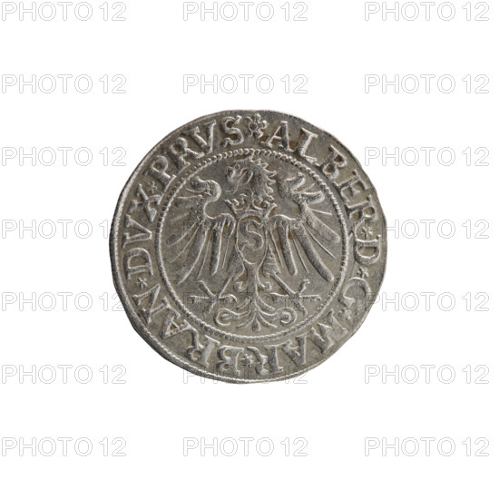 grosz, Wille, Albrecht (fl. 1520-?), publisher; Decjusz, Jost Ludwik (fl. 1528-1535); Straub (Strawb), Heinrich, publisher. Albrecht Hohenzollern (Prince of Prussia; 1490–1568) — iconography: Hohenzollern coat of arms, male busts in armour. Obverse: Prussian eagle, on its breast a crowned letter S; along the rim, between pearly borders, an inscription beginning with a rosette ALBER*D*G*MAR*BRAN*DVX*PRVS. Reverse: male bust in armor, profile to right, short hair, beard with sideburns; along the rim, between pearly borders, an inscription beginning with the Hohenzollern coat of arms shield *IVSTVS*EX*FIDE*VIVIT*I534*. Date: 1534. Place: Ducal Prussia (1525–1701), Königsberg. Object: coin; diameter 23.0 mm; weight 2.03 g; axis 240°.