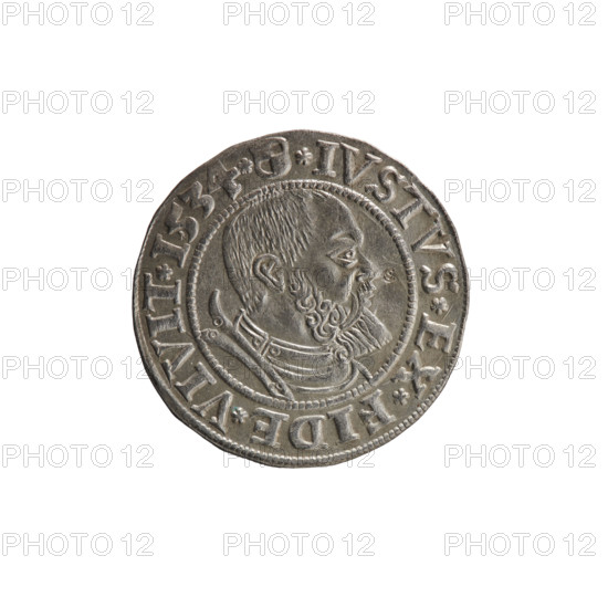 grosz, Wille, Albrecht (fl. 1520-?), publisher; Decjusz, Jost Ludwik (fl. 1528-1535); Straub (Strawb), Heinrich, publisher. Albrecht Hohenzollern (Prince of Prussia; 1490-1568) — iconography: Hohenzollern (coat of arms), male busts in armour. Obverse: Prussian eagle, on its breast a crowned letter S; along the rim, between the pearly borders, an inscription beginning with a rosette ALBER*D*G*MAR*BRAN*DVX*PRVS. Reverse: Male bust in armor, profile turned to the right, short hair, beard with sideburns; along the rim, between the pearly borders, an inscription beginning with the Hohenzollern coat of arms shield *IVSTVS*EX*FIDE*VIVIT*I534*. Date: 1534. Place: Ducal Prussia (1525–1701), Königsberg. Coin: diameter 23.0 mm, weight 2.03 g, axis 240 degrees.