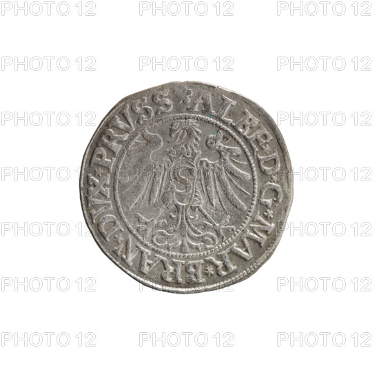 grosz, Wille, Albrecht (fl. 1520-?), publisher; Straub (Strawb), Heinrich, publisher; Decjusz, Jost Ludwik (fl. 1528-1535). Albrecht Hohenzollern (Prince of Prussia; 1490–1568) — iconography: eagles, Hohenzollern (coat of arms), male busts in armour. Obverse: Prussian eagle; on its breast a crowned letter S. Along the rim, between the pearly borders, an inscription beginning with a rosette ALBE*D*G*MAR*BRAN*DVX*PRVSS. Reverse: male bust in armor, profile turned to the right, short hair, beard with sideburns. Along the rim, between the pearly borders, an inscription beginning with the Hohenzollern coat of arms *IVSTVS*EX*FIDE*VIVIT*I534*. Date: 1534. Place: Ducal Prussia (1525–1701), Königsberg. Coin: diameter 23.6 mm, weight 1.77 g, axis 225 degrees.