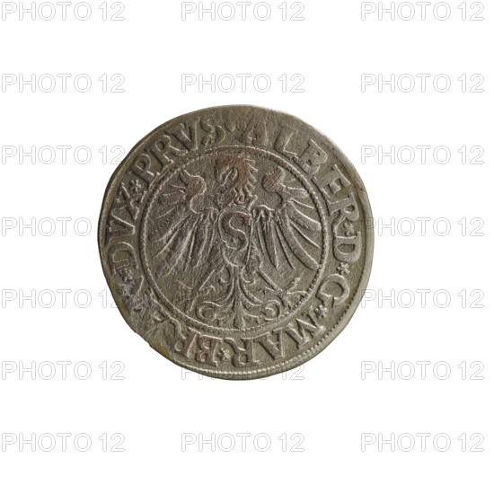 grosz; Straub (Strawb), Heinrich, publisher; Wille, Albrecht (fl. 1520-?), publisher; Decjusz, Jost Ludwik (fl. 1528-1535); eagles; Albrecht Hohenzollern (Prince of Prussia; 1490–1568) — iconography; male busts in armour; Hohenzollern (coat of arms); Prussian Eagle, on its breast a crowned letter S. Along the rim, between the pearly borders, an inscription beginning with a rosette, 'ALBER*D*G*MAR*BRAN*DVX*PRVS'. Reverse: male bust in armor, profile turned to the right, short hair, beard with sideburns. Along the rim, between the pearly borders, an inscription beginning with the Hohenzollern coat of arms shield, '*IVSTVS*EX*FIDE*VIVIT*I534*'. 1534. Ducal Prussia (1525–1701), Königsberg. Coin; diameter 23.0 mm; weight 1.68 g; axis 340°.