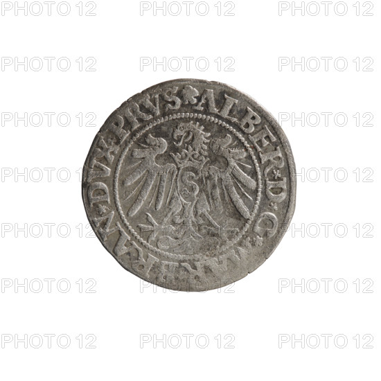 grosz, Wille, Albrecht (fl. 1520-?), publisher; Straub (Strawb), Heinrich, publisher; Decjusz, Jost Ludwik (fl. 1528-1535). Albrecht Hohenzollern (Prince of Prussia; 1490-1568) — iconography: eagles, male busts in armour, Hohenzollern coat of arms, Prussian eagle with a crowned letter S on its breast. Obverse: male bust in armor, profile turned to the right, short hair, beard with sideburns. Along the rim, between pearly borders, inscriptions beginning with a rosette ALBER*D*G*, RAN*DVX*PRVS and with the Hohenzollern coat of arms, STVS*EX*FIDE*VIVIT*I53. Date: 1534. Place: Ducal Prussia (1525–1701), Königsberg. Coin: diameter 23.2 mm, weight 1.94 g, axis 200°.