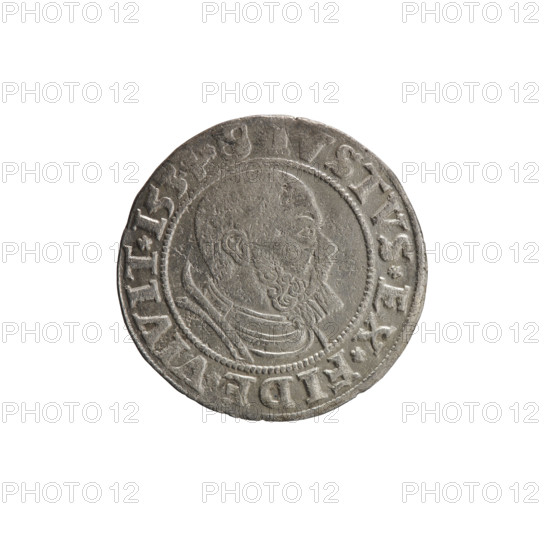 grosz, Wille, Albrecht (fl. 1520-?), publisher; Straub (Strawb), Heinrich, publisher; Decjusz, Jost Ludwik (fl. 1528-1535); Albrecht Hohenzollern (Prince of Prussia; 1490–1568) — iconography: eagles, male busts in armour, Hohenzollern coat of arms, Prussian eagle bearing a crowned letter S on its breast. Obverse: male bust in armor, profile turned to the right, short hair, beard with sideburns. Along the rim, between pearly borders, an inscription beginning with a rosette ALBER*D*G*, RAN*DVX*PRVS; reverse: Hohenzollern coat of arms, STVS*EX*FIDE*VIVIT*I53. Date: 1534. Place: Ducal Prussia (1525–1701), Königsberg. Coin: diameter 23.2 mm, weight 1.94 g, axis 200°.