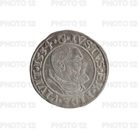 grosz, Wille, Albrecht (fl. 1520-?), publisher; Decjusz, Jost Ludwik (fl. 1528-1535); Straub (Strawb), Heinrich, publisher. Obverse: Albrecht Hohenzollern (Prince of Prussia; 1490–1568) — iconography: male bust in armour, profile turned to the right, short hair, beard with sideburns; Hohenzollern coat of arms; Prussian eagle with on its breast a crowned letter S; along the rim between pearly borders, inscription beginning with a rosette ALBER*D*G*MAR*BRAN*DVX*PRVSS. Reverse: male bust in armor; along the rim between pearly borders, inscription beginning with the Hohenzollern coat of arms *IVSTVS*EX*FIDE*VIVIT*I534*. Date: 1534. Place: Ducal Prussia (1525–1701), Königsberg. Object: coin, diameter 23.4 mm, weight 1.90 g, axis 315°.