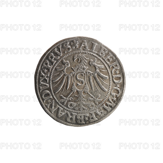 grosz, Wille, Albrecht (fl. 1520-?), publisher; Decjusz, Jost Ludwik (fl. 1528-1535); Straub (Strawb), Heinrich, publisher. Albrecht Hohenzollern (Prince of Prussia; 1490–1568) — iconography: eagles, Hohenzollern coat of arms, male busts in armour. Obverse: Prussian eagle with on its breast a crowned letter S; along the rim, between pearly borders, an inscription beginning with a rosette ALBER*D*G*MAR*BRAN*DVX*PRVS. Reverse: male bust in armor, profile turned to the right, short hair, beard with sideburns; along the rim, between pearly borders, an inscription beginning with the Hohenzollern coat of arms *IVSTVS*EX*FIDE*VIVIT*I534*. Date: 1534. Place: Ducal Prussia (1525–1701), Königsberg. Object: coin (diameter 23.0 mm, weight 1.69 g, axis 225°).