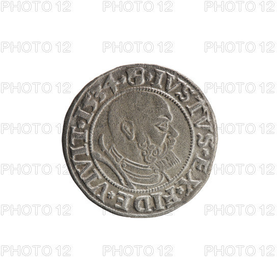 Albrecht Hohenzollern (Prince of Prussia; 1490–1568) — iconography: eagles, Hohenzollern coat of arms; male busts in armour. Obverse: Prussian eagle with on its breast a crowned letter S; along the rim between pearly borders an inscription beginning with a rosette ALBER*D*G*MAR*BRAN*DVX*PRVS. Reverse: male bust in armour, profile right, short hair, beard with sideburns; along the rim between pearly borders an inscription beginning with the Hohenzollern coat of arms *IVSTVS*EX*FIDE*VIVIT*I534*. 1534. Ducal Prussia (1525–1701), Königsberg. Coin; diameter 23.0 mm, weight 1.69 g, axis 225°. Makers/publishers: Albrecht Grosz (fl. 1520–?), Jost Ludwik Decjusz (fl. 1528–1535), Heinrich Straub.