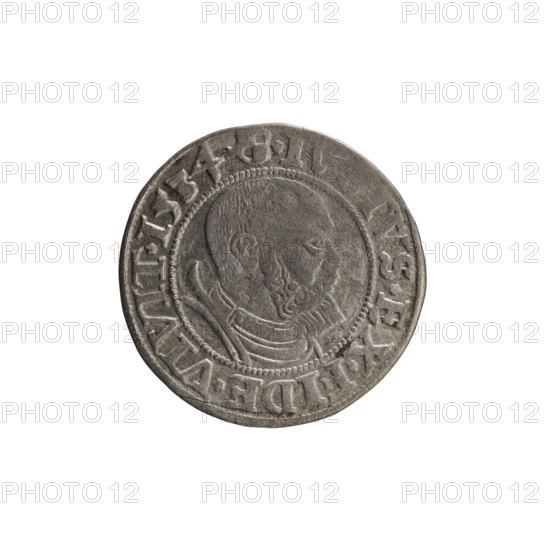 grosz, Straub (Strawb), Heinrich, publisher, Wille, Albrecht (fl. 1520-?), publisher, Decjusz, Jost Ludwik (fl. 1528-1535), Albrecht Hohenzollern (Prince of Prussia; 1490-1568) - iconography: eagles, Hohenzollern (coat of arms), male busts in armour; Aw. Prussian Eagle, on its breast a crowned letter S. Along the rim, between the pearly borders, an inscription beginning with a rosette AL, R*D*G*MAR*BRAN*DVX*PRVS. Rv. Male bust in armor, profile turned to the right, short hair, beard with sideburns. Along the rim, between the pearly borders, an inscription beginning with the Hohenzollern coat of arms shield *I, TVS*EX*FIDE*VIVIT*I534*. 1534, Ducal Prussia (1525-1701), Königsberg; coin: diameter 23.0 mm, weight 1.82 g, axis 270°.