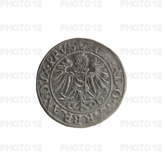 grosz; Straub (Strawb), Heinrich, publisher; Decjusz, Jost Ludwik (fl. 1528-1535); Wille, Albrecht (fl. 1520-?), publisher; Albrecht Hohenzollern (Prince of Prussia; 1490-1568) — iconography: eagles, Hohenzollern (coat of arms), male busts in armour. Obverse: Prussian Eagle, on its breast the crowned letter S; along the rim, between the pearly borders, an inscription beginning with a rosette, AL, D*G, MAR, BRAN*DVX*PRVS. Reverse: male bust in armor, profile turned to the right, short hair, beard with sideburns; along the rim, between the pearly borders, an inscription beginning with the Hohenzollern coat of arms *IVSTVS*EX*FIDE*VIVIT*I5. 1534, Ducal Prussia (1525–1701), Königsberg. Coin: dia. 22.7 mm, weight 1.82 g, axis 350°.