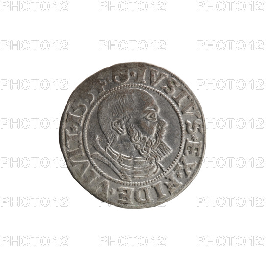 grosz; Straub (Strawb), Heinrich, publisher; Decjusz, Jost Ludwik (fl. 1528–1535); Wille, Albrecht (fl. 1520–? ), publisher. Albrecht Hohenzollern (Prince of Prussia; 1490–1568) — iconography: eagles, Hohenzollern (coat of arms), male busts in armour; obverse: Prussian Eagle with on its breast the crowned letter S; along the rim, between pearly borders, an inscription beginning with a rosette, AL, D*G, MAR, BRAN*DVX*PRVS. Reverse: male bust in armor, profile turned to the right, short hair, beard with sideburns; along the rim, between pearly borders, an inscription beginning with the Hohenzollern coat of arms *IVSTVS*EX*FIDE*VIVIT*. 1534, Ducal Prussia (1525–1701), Königsberg; coin: diameter 22.7 mm, weight 1.82 g, axis 350°.